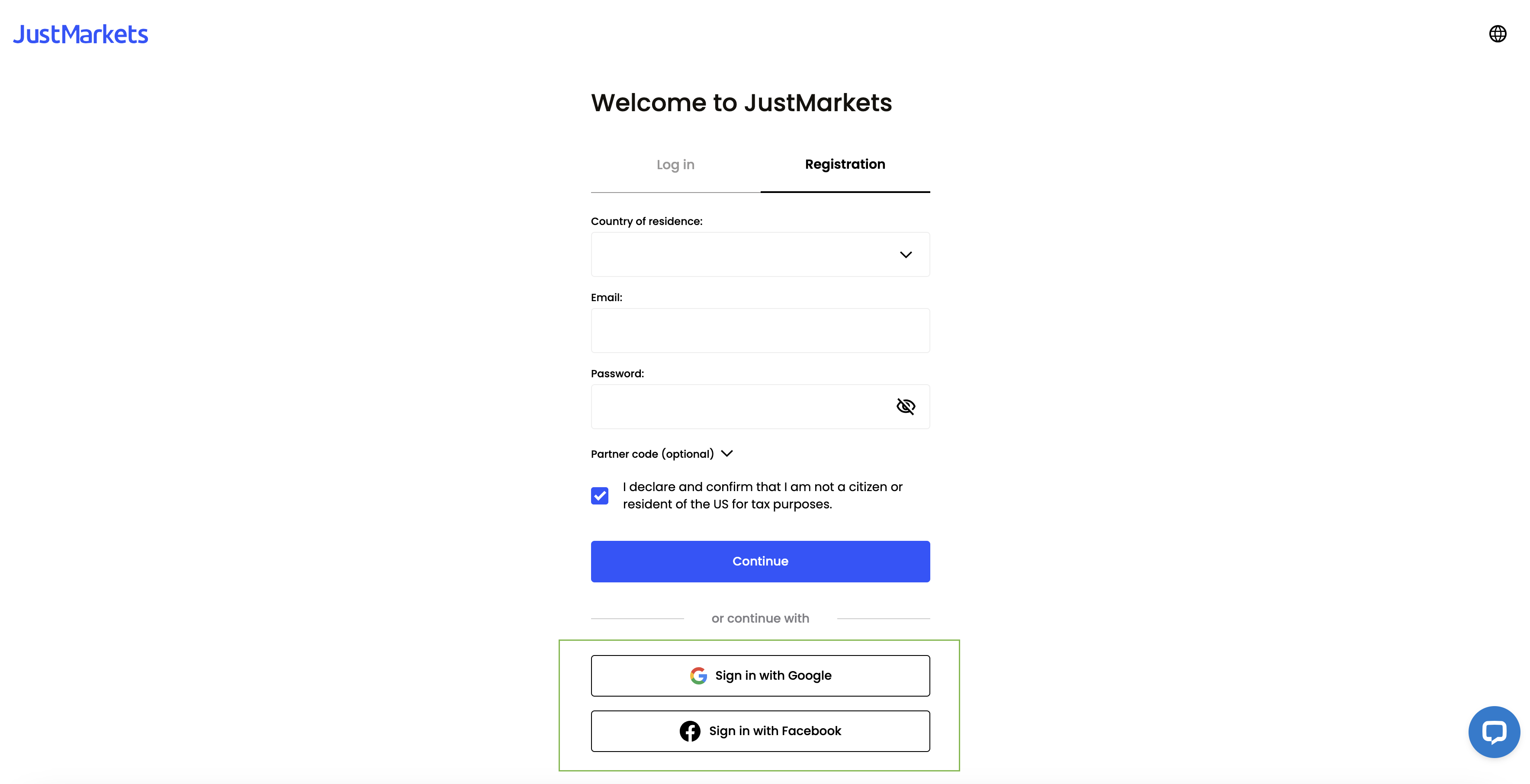 Where to find buttons for registration with JustMarkets via social media accounts
