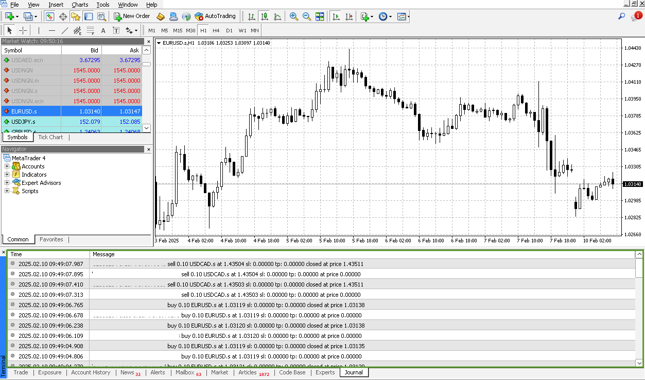 MetaTrader terminal with opened Journal