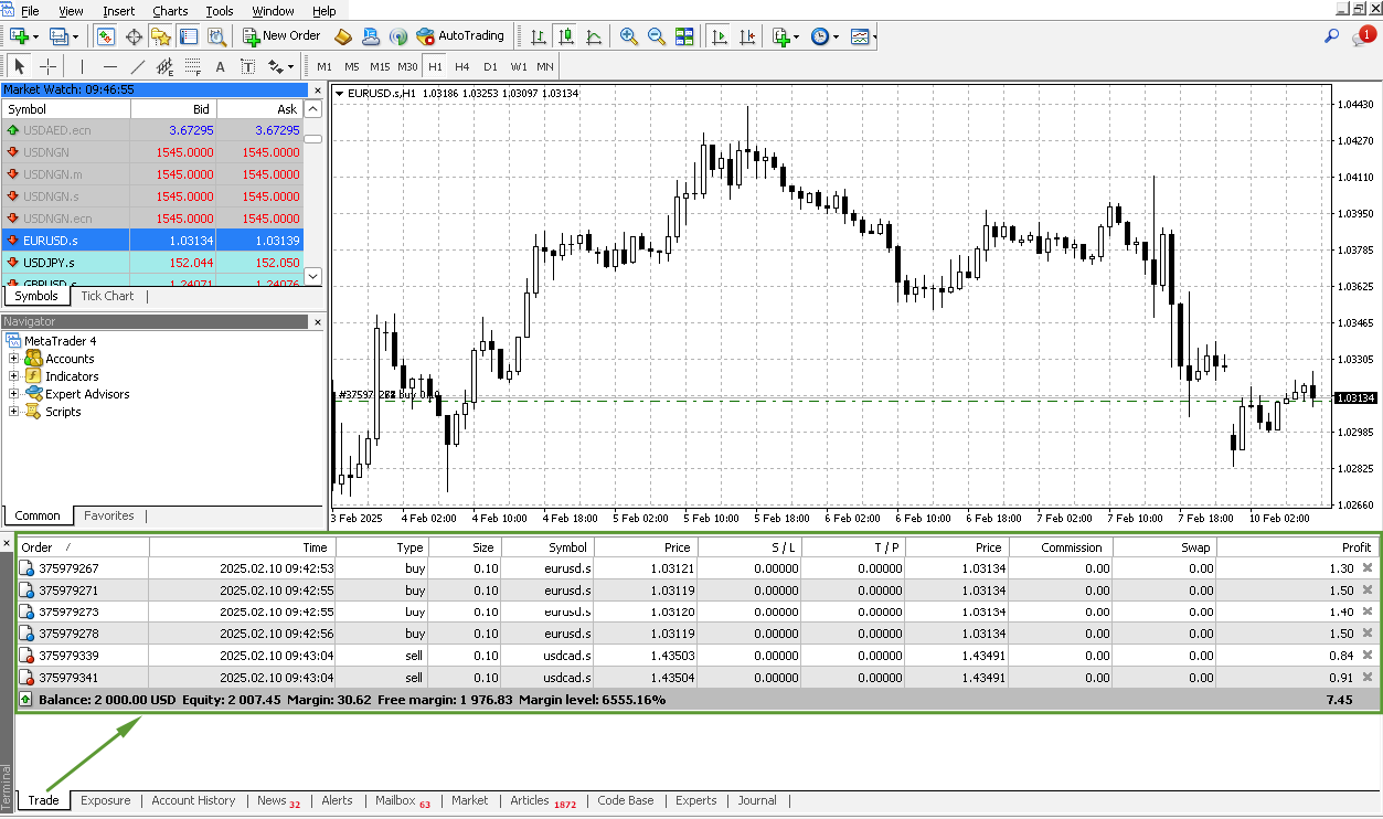 MetaTrader terminal with opened Trade menu