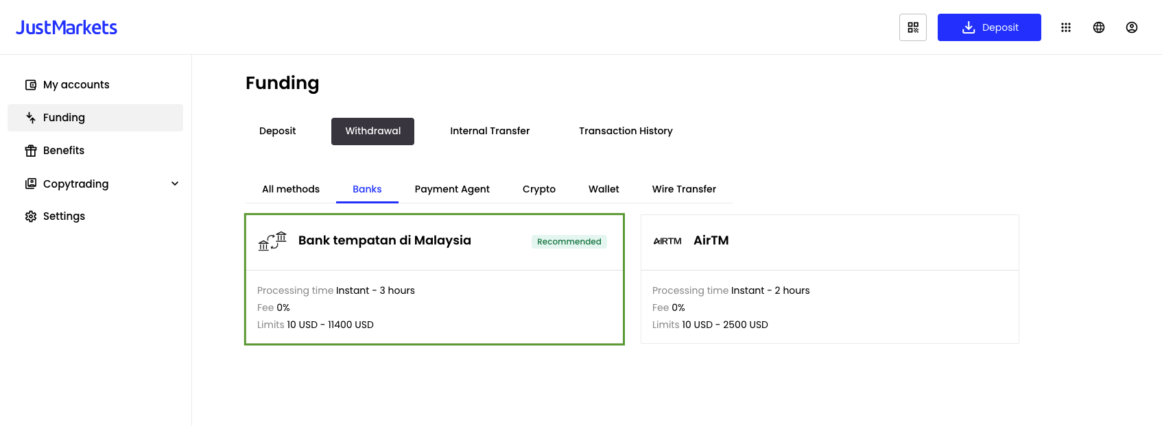 Withdrawal page on JustMarkets website with the list of recommended methods
